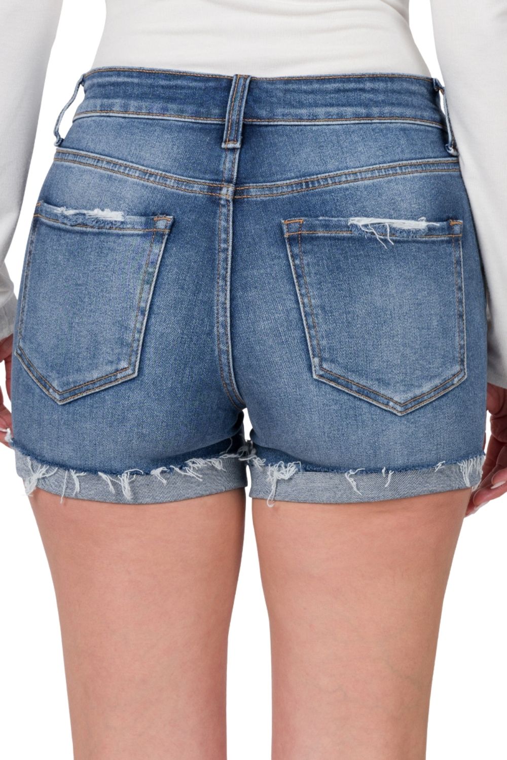 Zenana Womens Cuffed Raw Hem Distressed Denim Shorts