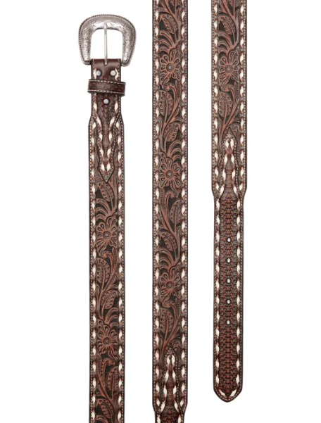Ariat Mens Brown Floral Tooling and White Lacing Tapered Western Belt