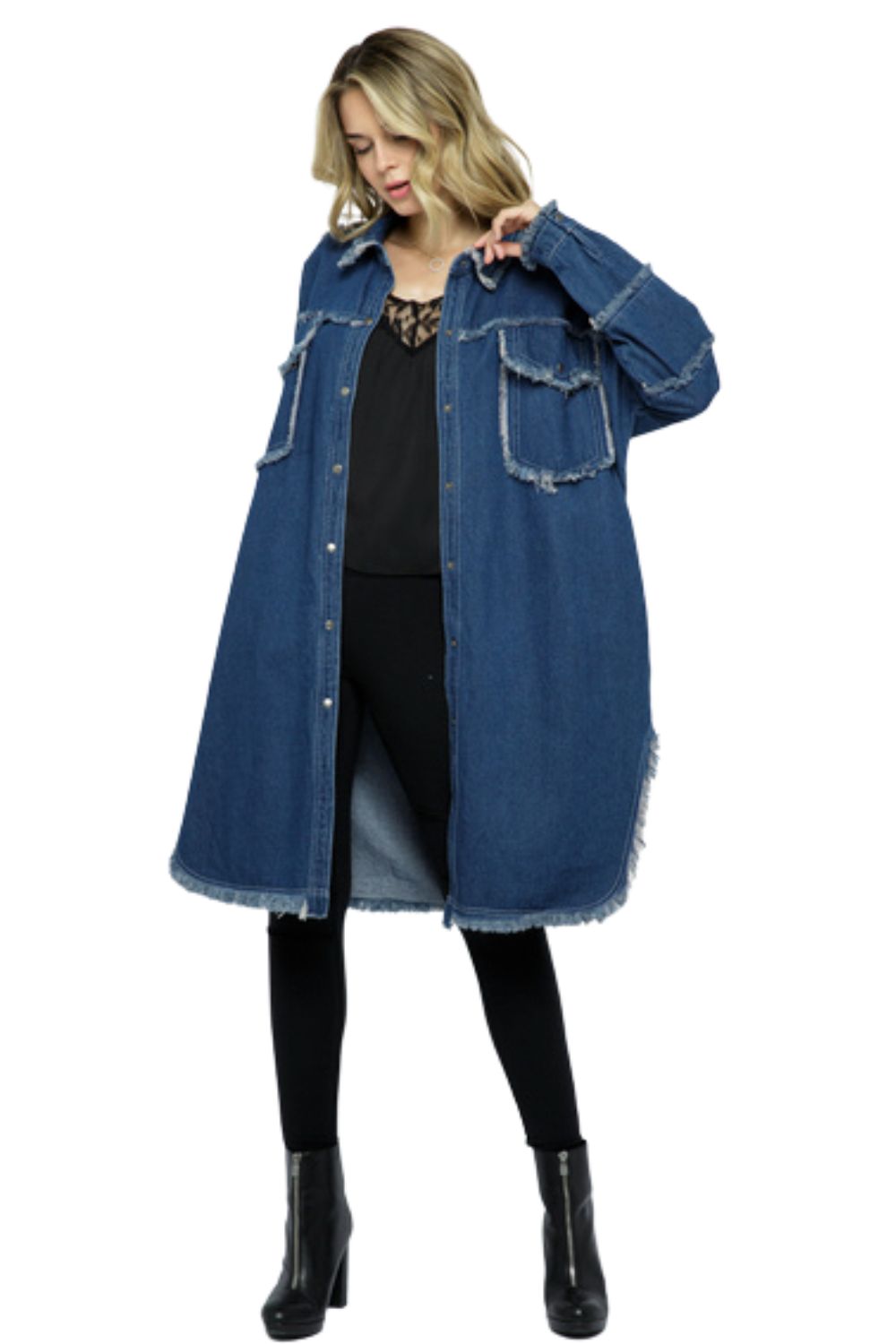 Vocal Apparel Womens Long Length Frayed Denim Jacket