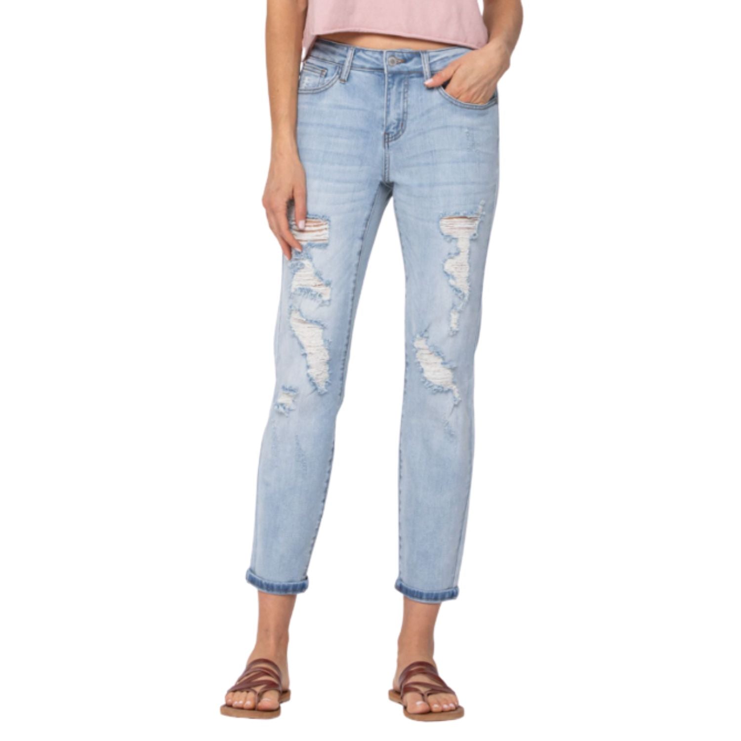 Judy Blue Womens Mid-Rise Destroyed Boyfriend Fit Jeans, Light Wash