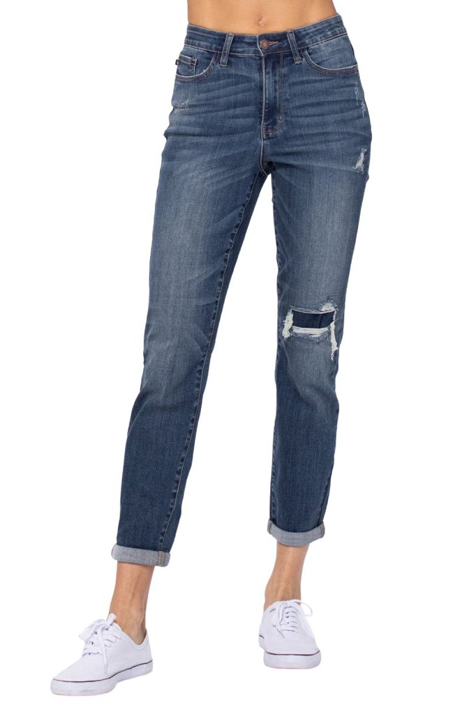 Judy Blue High Rise Denim Patch Distressed Boyfriend Jeans