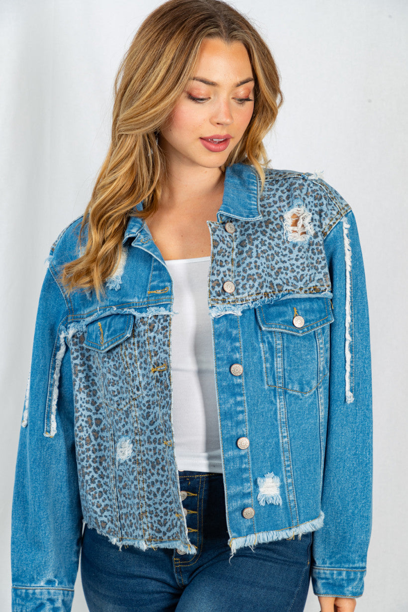 White Birch Womens Leopard Denim Distressed Jacket