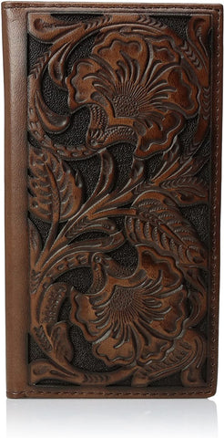 Ariat Mens Tonal Brown Floral Inlay Leather Rodeo Checkbook Wallet