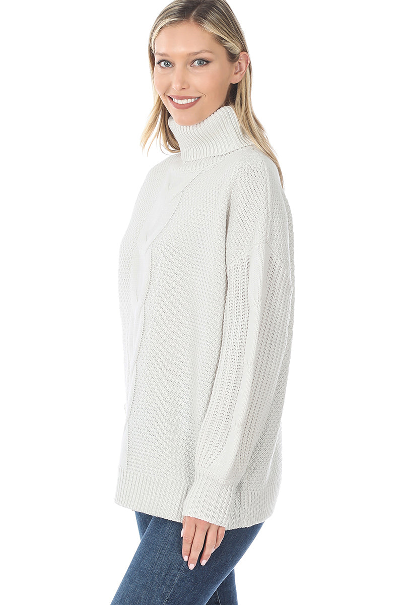 Zenana Womens Cable Knit Turtleneck Balloon Sleeve Sweater