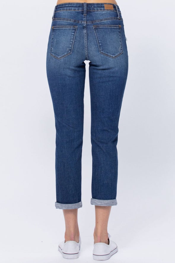 Judy Blue Thermal Patch Mid Rise Destroyed Boyfriend Jean, Medium Blue