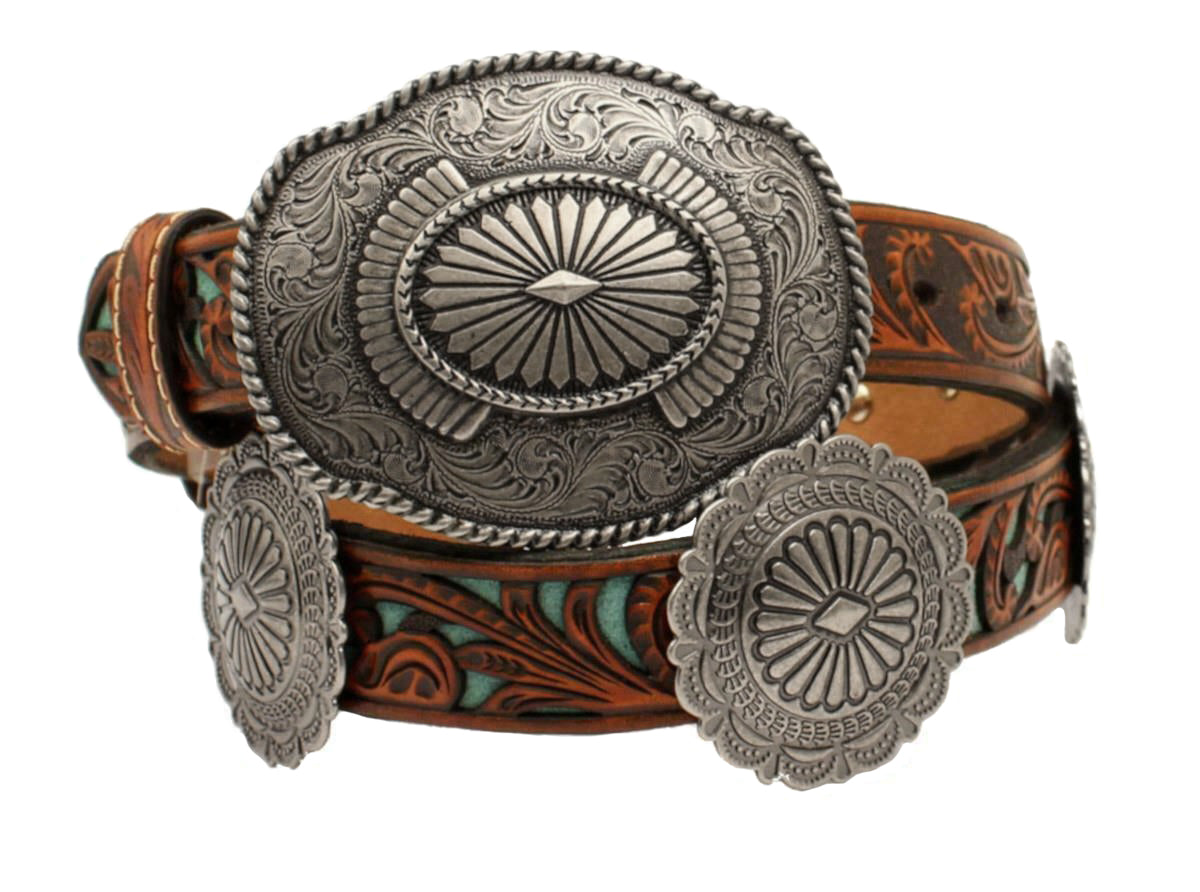 Ariat Womens Turquoise Inlay Floral Embossed Oval Concho Belt