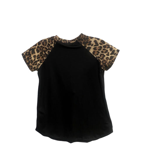Girls Short Sleeve Crew Neck Top, Black Leopard Print