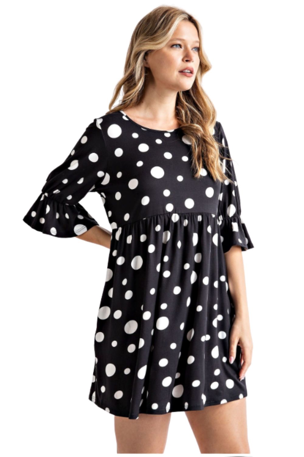 Rae Mode Womens Keyhole Back Ruffle Puff Sleeve Polka Dot Dress, Black/Ivory