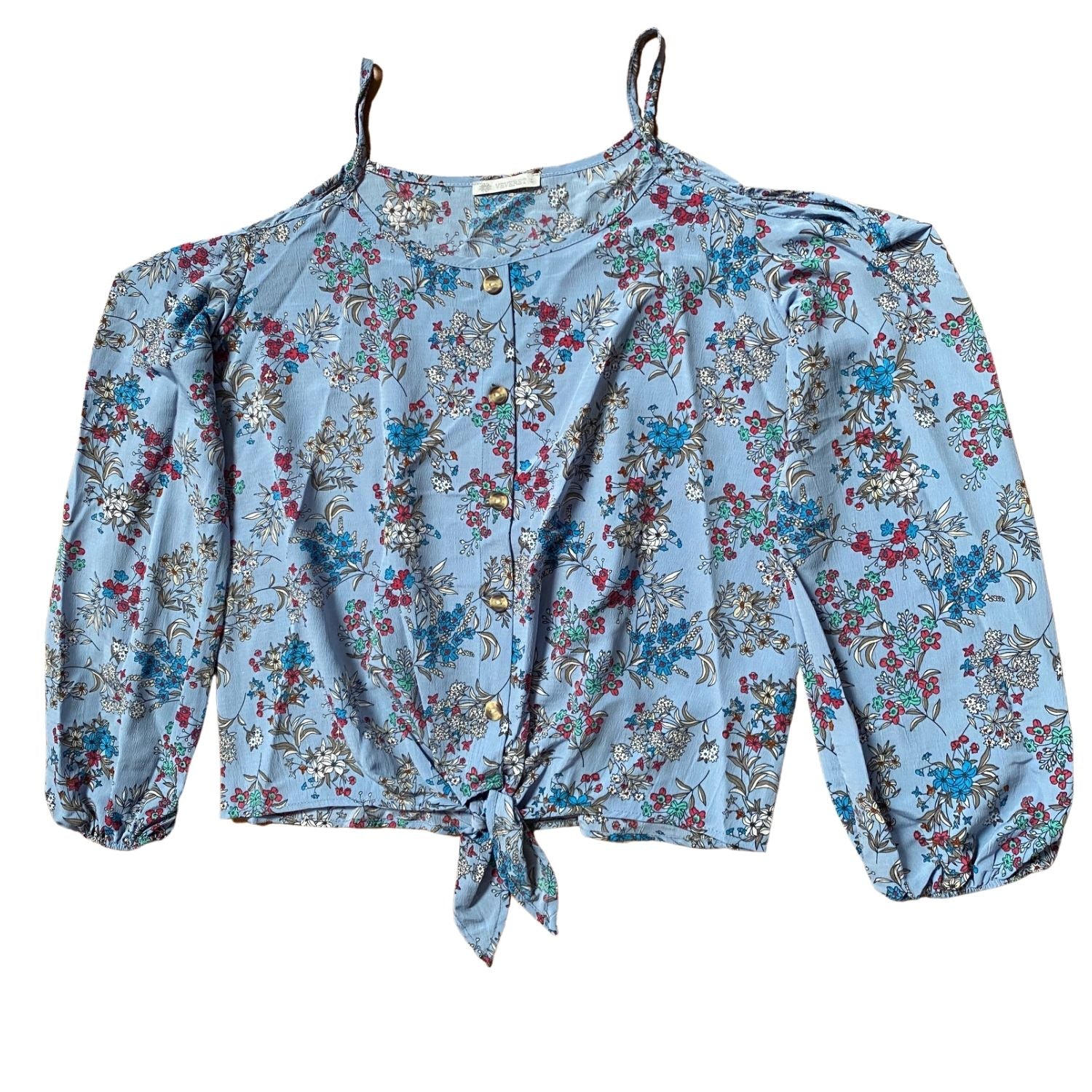 Veveret Womens Cold Shoulder Tie Front Floral Blouse