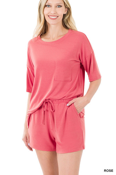 Zenana Womens Drop Shoulder Top & Drawstring Waist Shorts Set