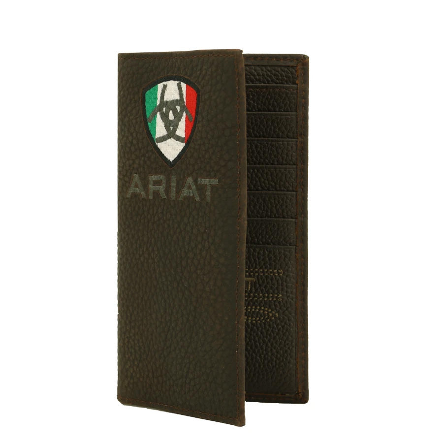 Ariat Mens Leather Embroidered Mexican Flag Shield Logo Rodeo Wallet , Brown