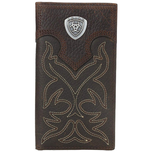 Ariat Mens Boot Embroidery Leather Checkbook Cover Rodeo Wallet (Brown)