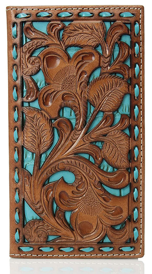 Nocona Mens Floral Embossed Turquoise Underlay Leather Rodeo Wallet (Tan)