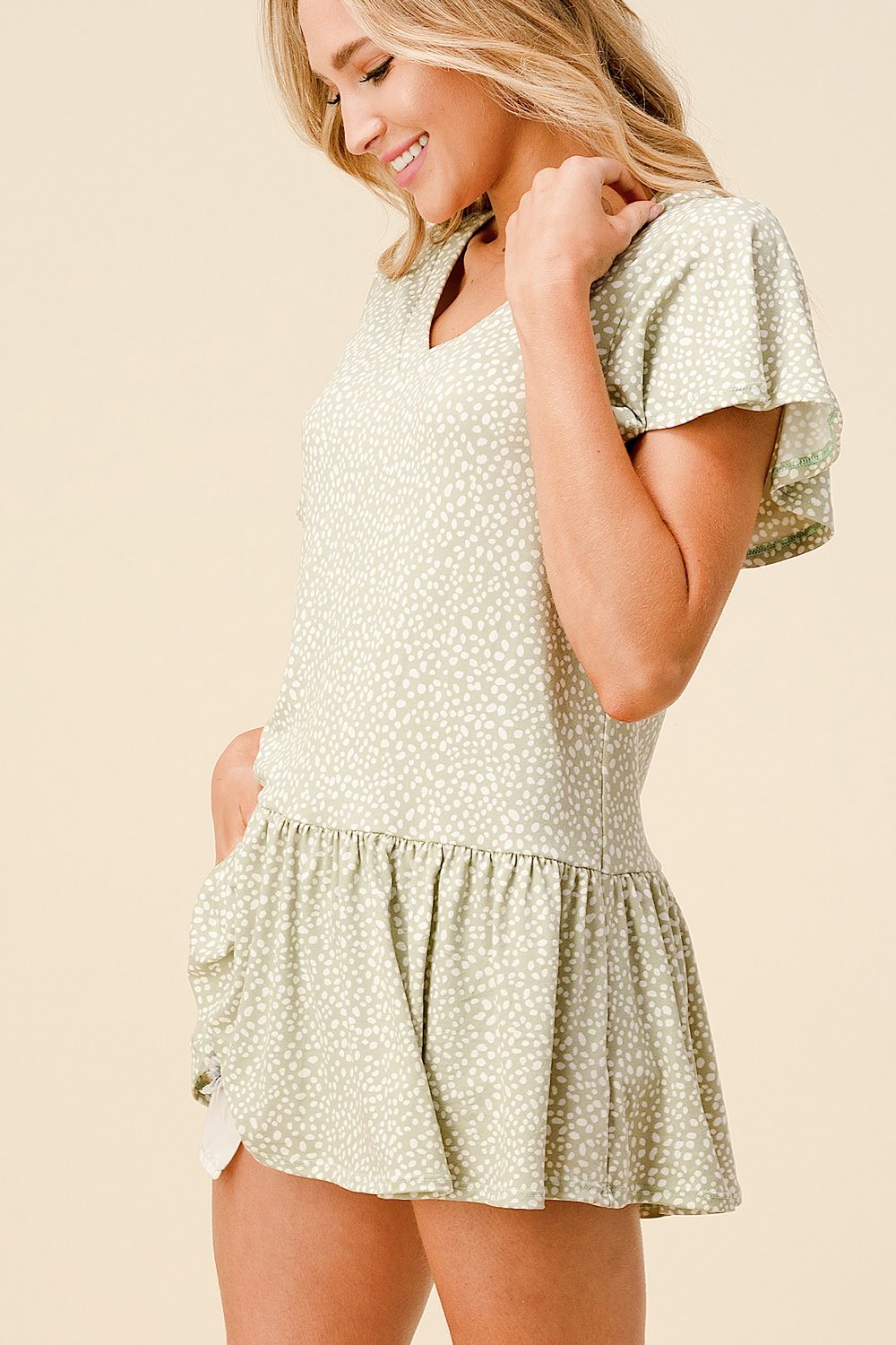 Blumin Womens Dot Pattern Short Sleeve Ruffle Top