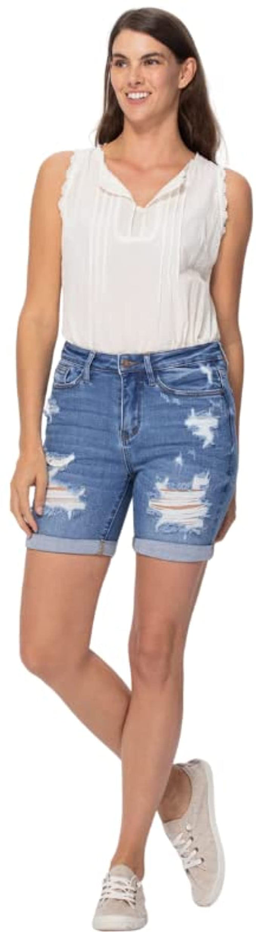 Judy Blue Womens High Rise Mid Length Destroyed Shorts