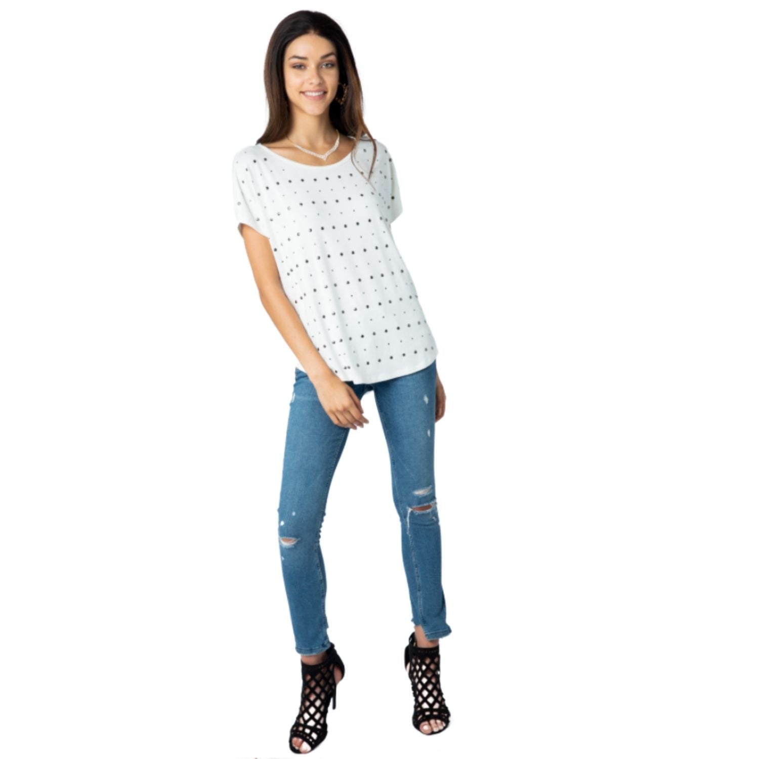 Vocal Womens Loose Studded Scoop Neck Short Sleeve Top, Off White