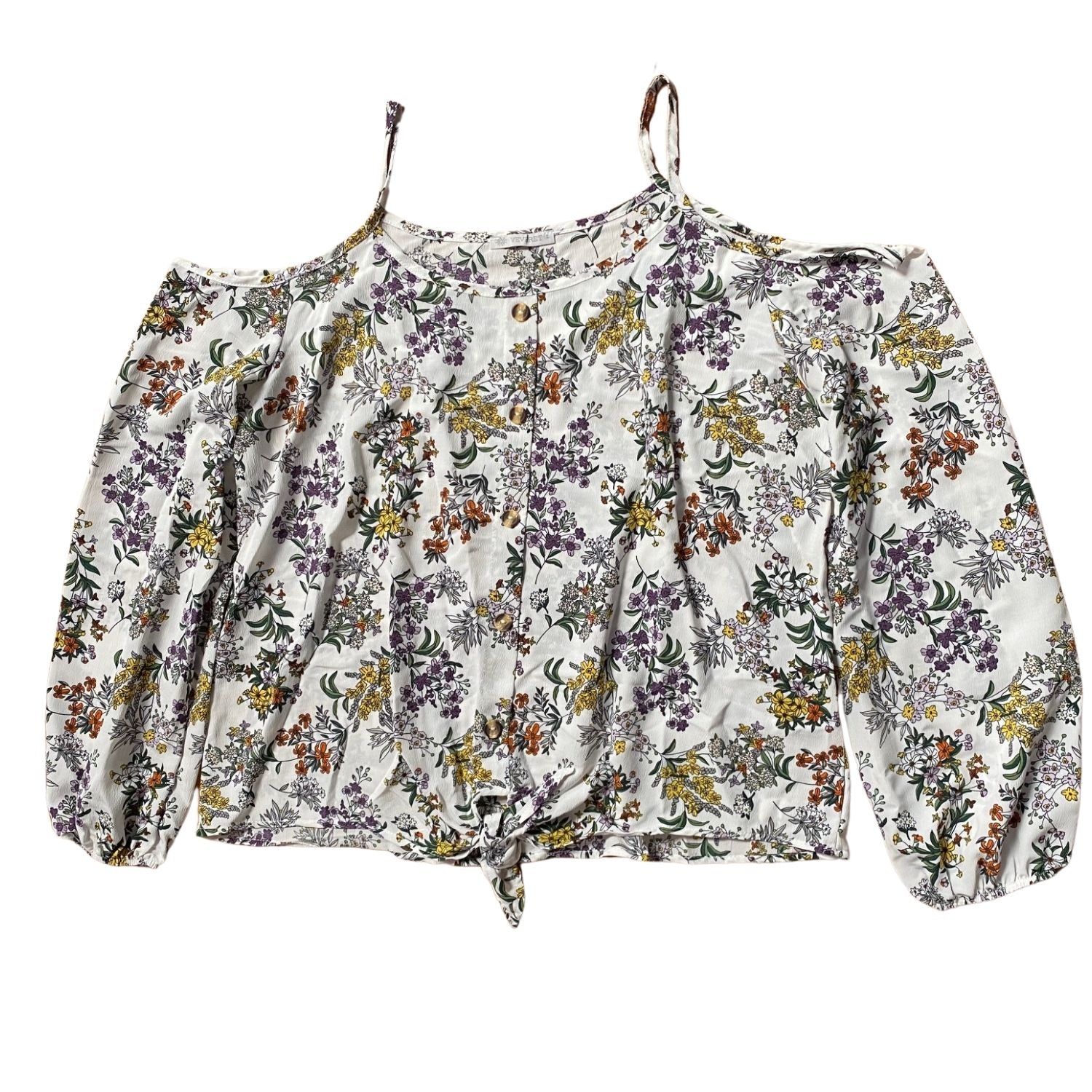 Veveret Womens Cold Shoulder Tie Front Floral Blouse