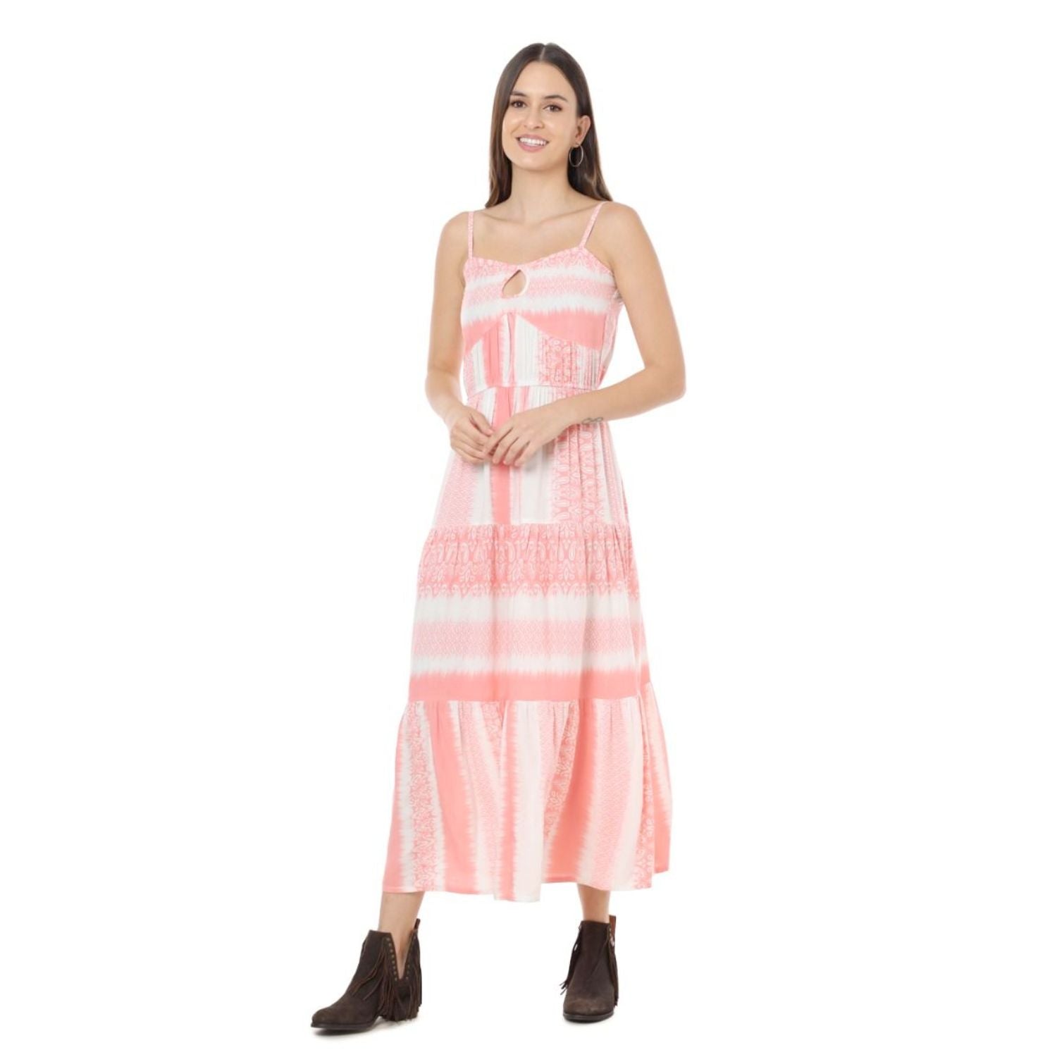 Myra Bags Womens Personable Spaghetti Strap Long Ruffle Bottom Sun Dress, Pink