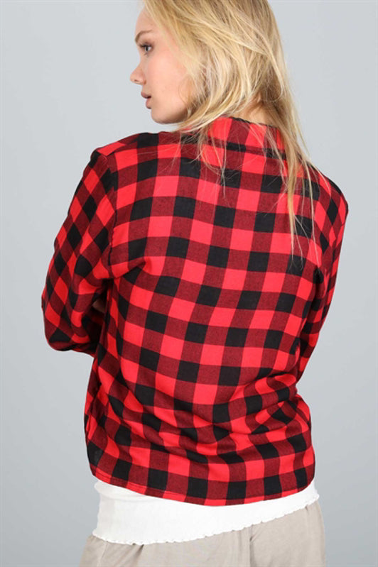 POL Clothing Womens Contrast Checker Button Down Shirt