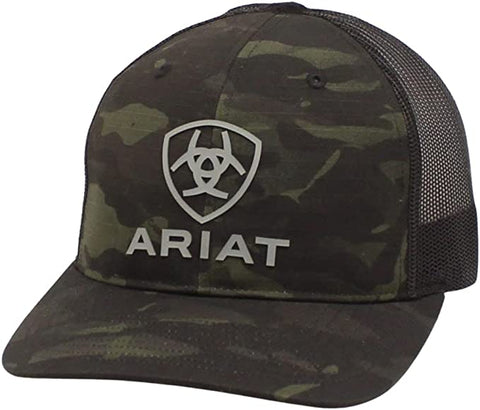 Ariat Mens Rubber Shield Logo Adjustable Snapback Cap Hat (Camo/Black)