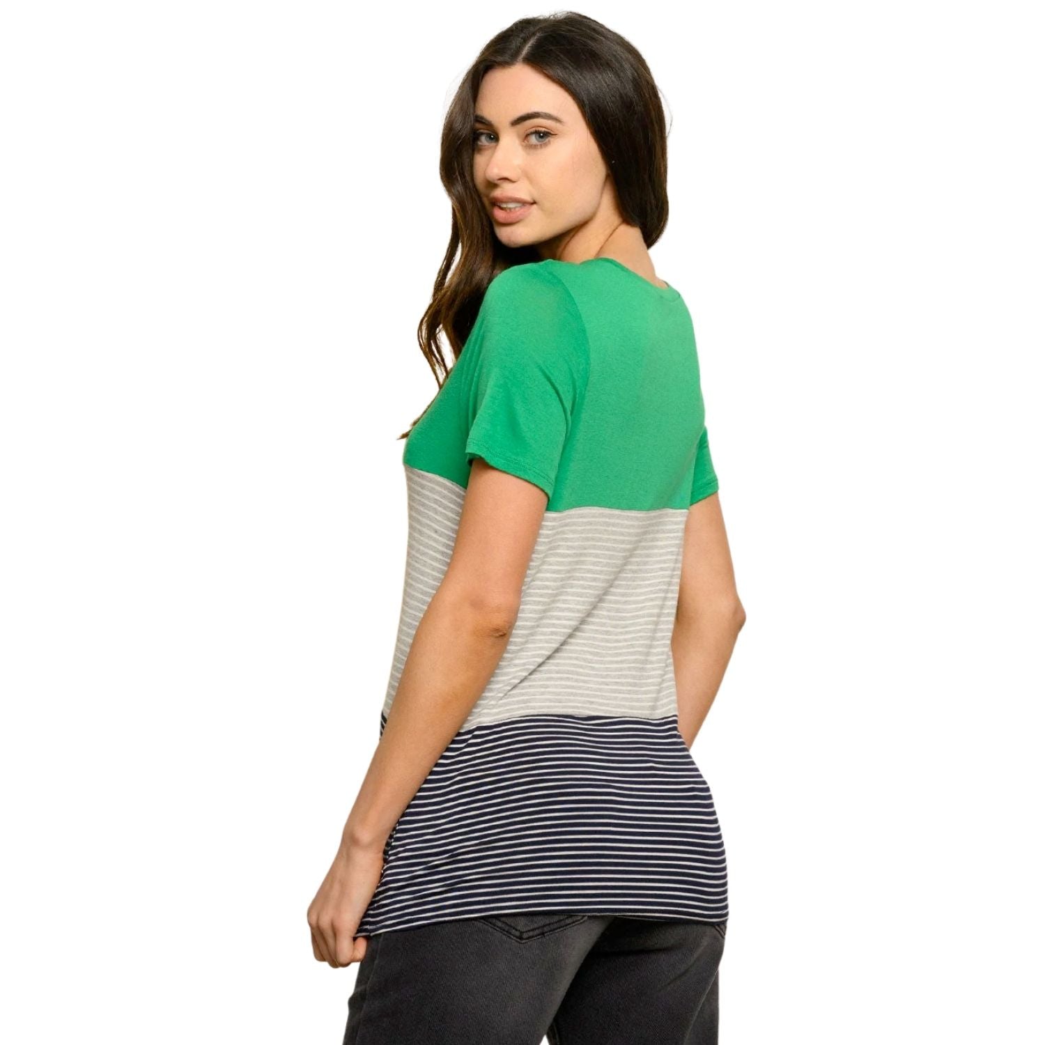 Fantastic Fawn Womens Color Block Stripe Short Sleeve Round Neck Top