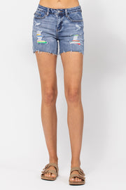 Judy Blue Womens Serape Patch Distressed Denim Shorts
