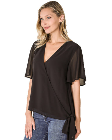 Zenana Womens Woven Double Layer Chiffon Side Tie Bell Sleeve Top