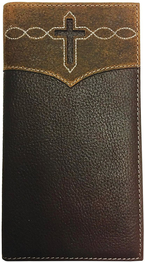 Roper Mens Leather Cross Cut-Out Rodeo Checkbook Wallet Brown