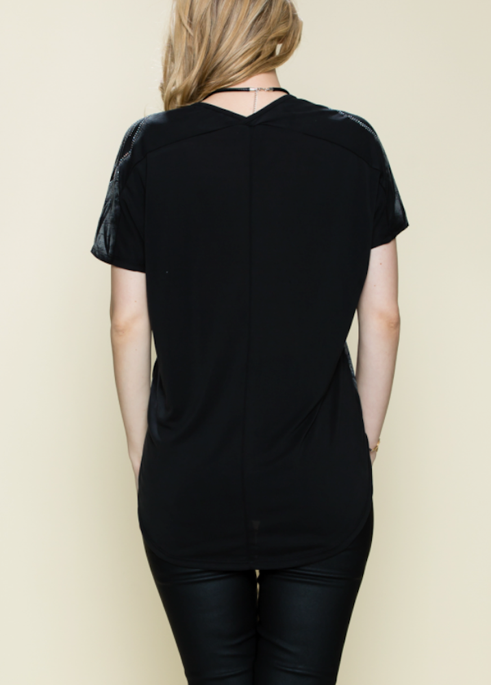 Vocal Womens Wing Print Rhinestone Short Sleeve Top