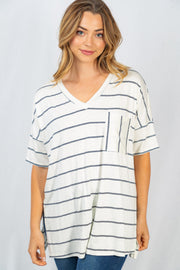 White Birch Womens Short Sleeve Striped V-Neck Knit Top