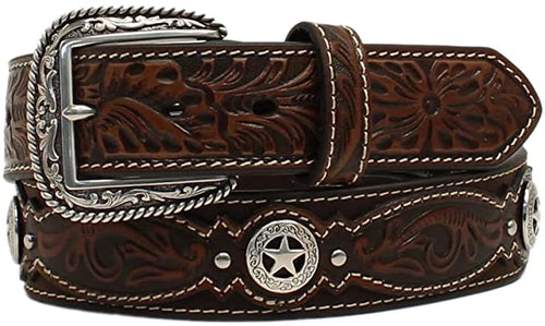 Ariat Mens Floral Tab Star Concho Brown Leather Belt