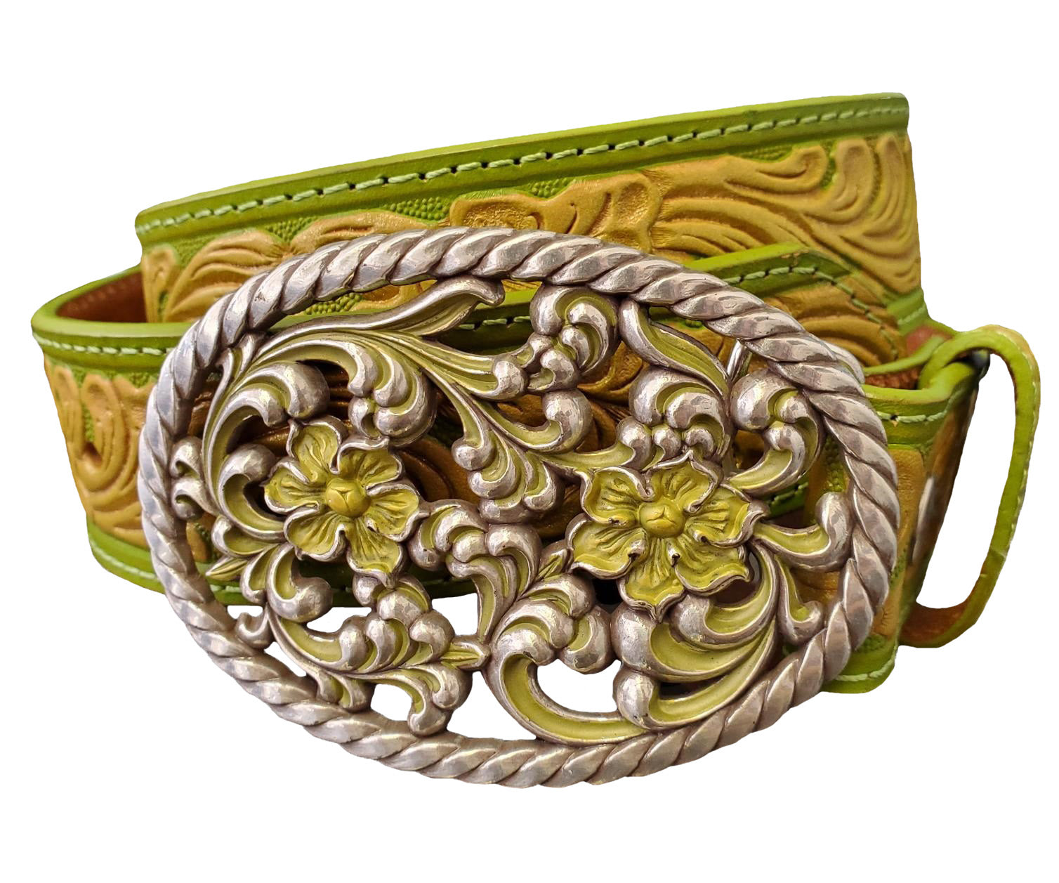 Nocona Womens Aged Floral Buckle Embossed Leather Belt