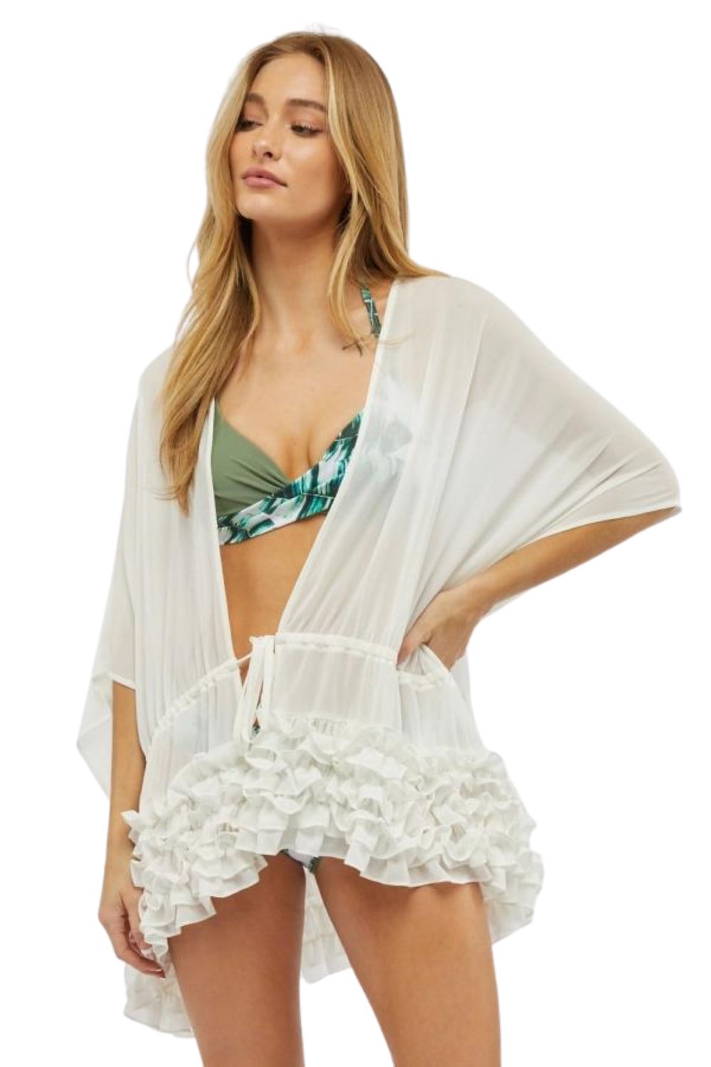 J.NNA Womens Solid Flared 3/4 Quarter Sleeve Cardigan Shawl Cover Up