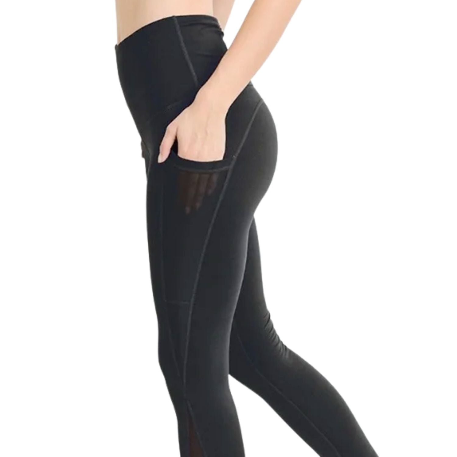 High-waist Splice Mesh Pocket Full Leggings - Black / 2Tone Grey