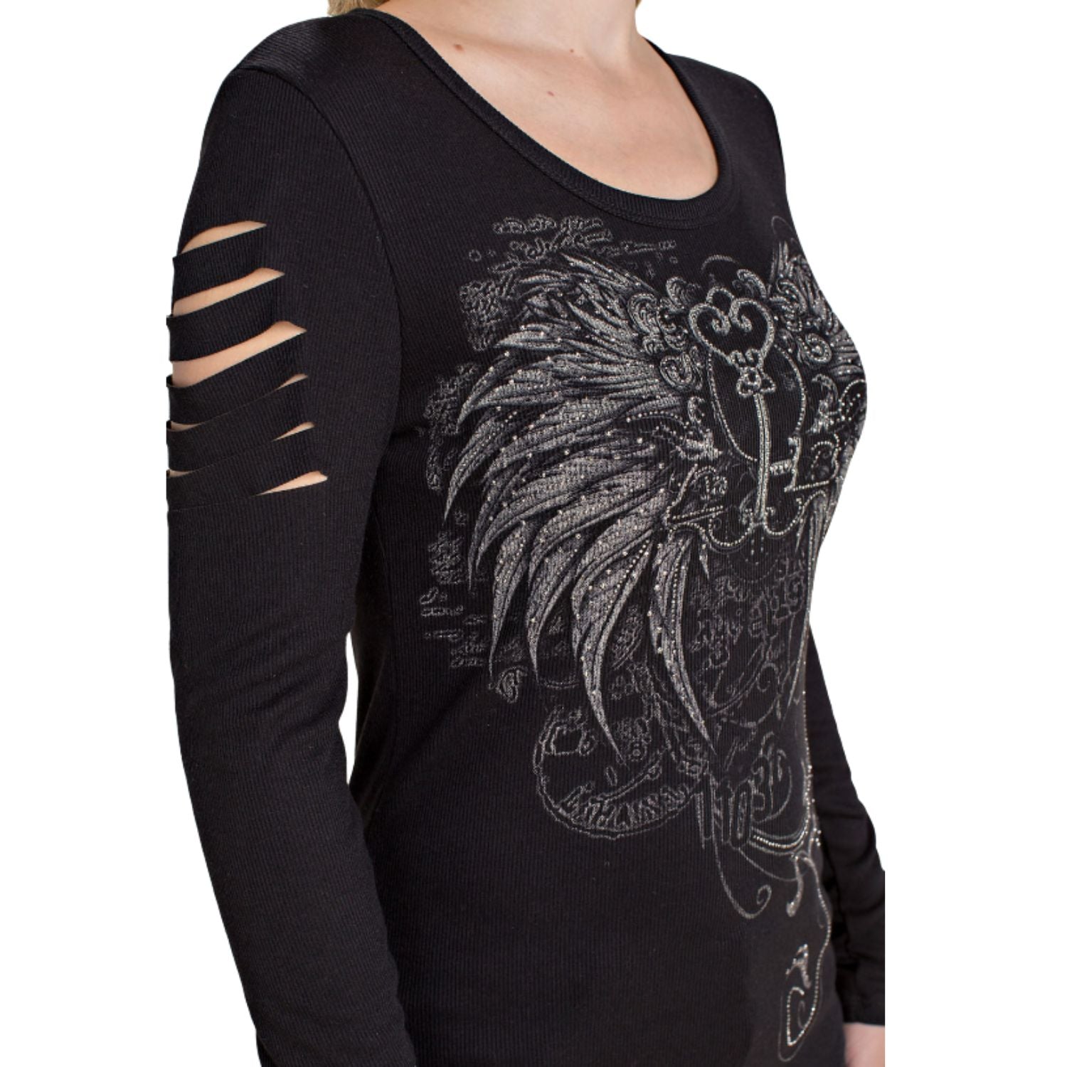 Vocal Womens Ribbed Long sleeve Top with Rhinestones and Laser Cut Details