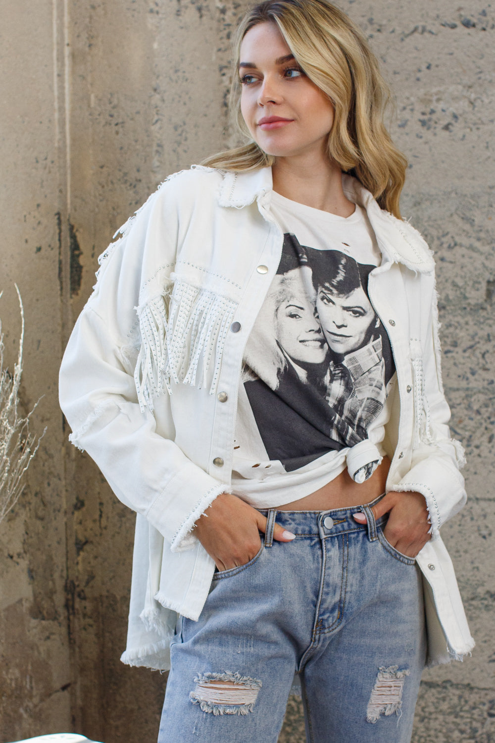 Blue B Womens Studded Fringe Denim Jacket, Shacket