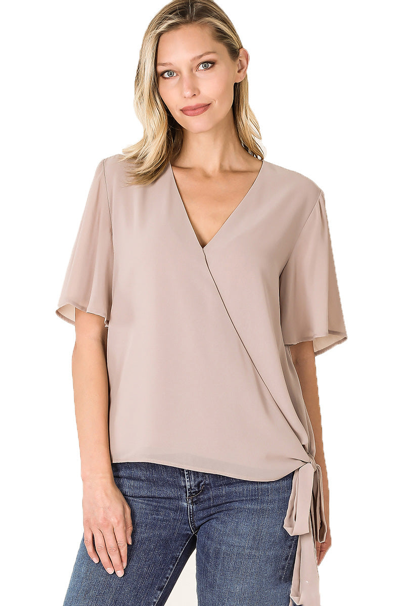 Zenana Womens Woven Double Layer Chiffon Side Tie Bell Sleeve Top