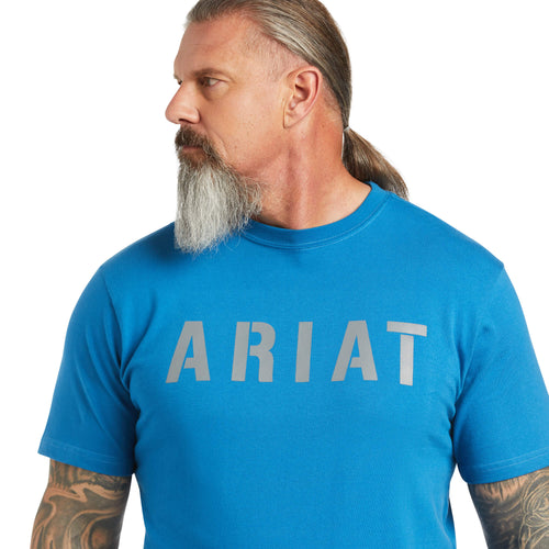Ariat Mens Rebar Cotton Strong Block Logo Tee Shirt, Deep Water Blue