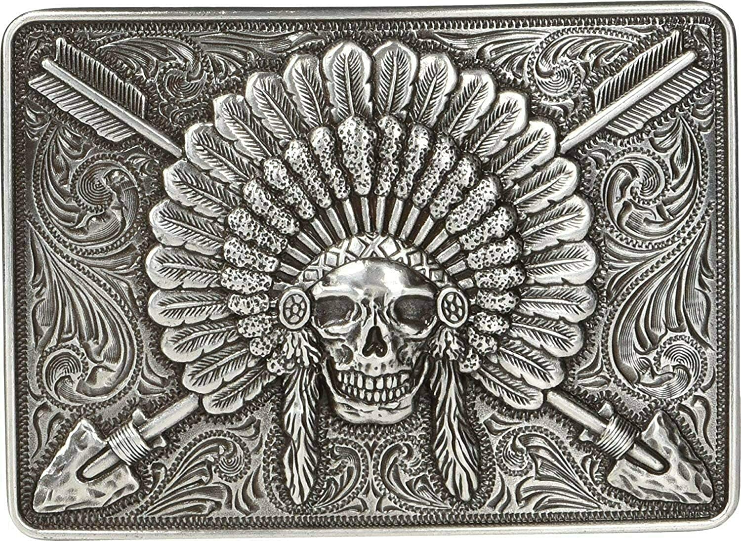 Ariat Mens Western Rectangle Chief Headress Skull Buckle (Silver)