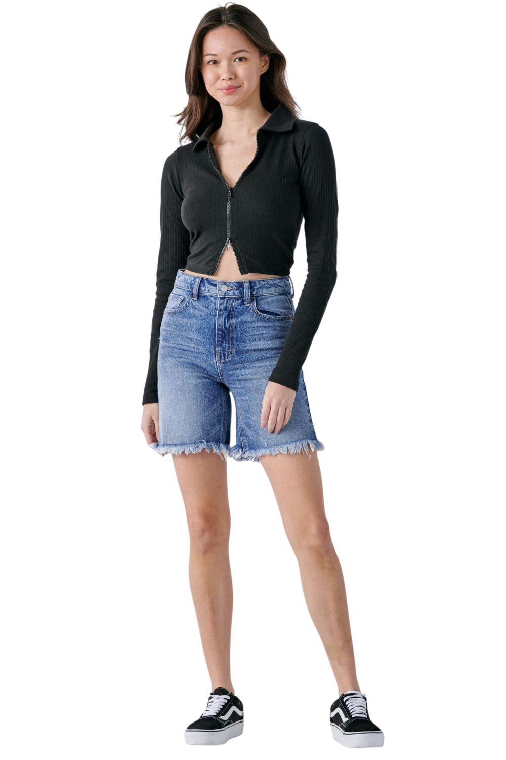 Cello Jeans Womens High Rise Denim Frayed Hem Bermuda Shorts