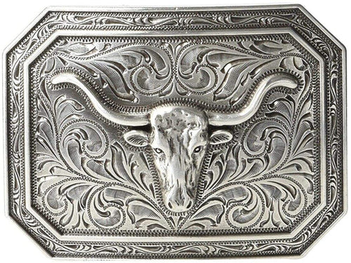 Ariat Mens Rectangle Longhorn Belt Buckle, Antique Silver