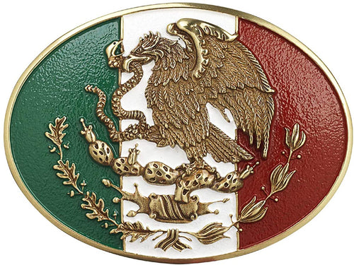 Ariat Mens Oval Mexican Flag Eagle Motif Belt Buckle (Gold)