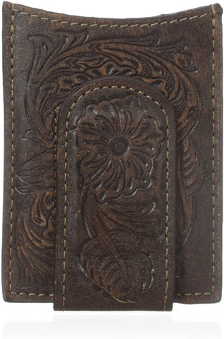 Ariat Mens Floral Embossed Leather Money Clip Card Holder (Brown)