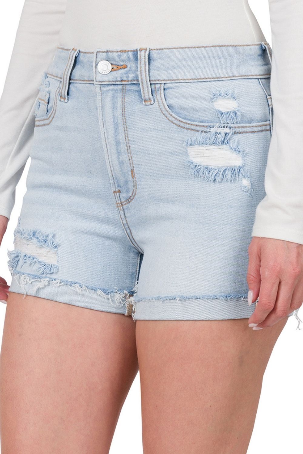 Zenana Womens Cuffed Raw Hem Distressed Denim Shorts