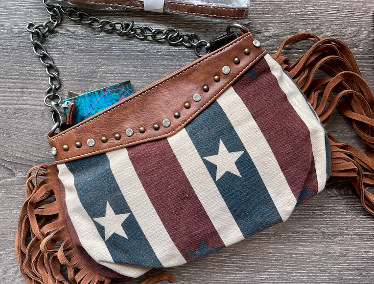 Canvas Stars and Stripes with Suede Fringe Crossbody Purse