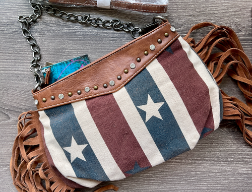 Canvas Stars and Stripes with Suede Fringe Crossbody Purse