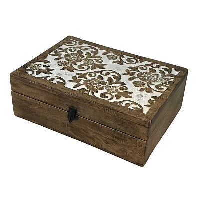 Hand Carved Damask Hinged White Wash Rectangle Table Box