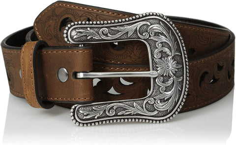 Angel Ranch Ladies 1 1/2" Star Burst Stitch Oval Concho Belt, Brown, M