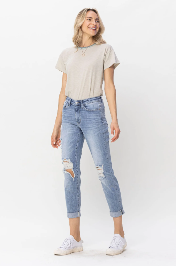 Judy Blue Womens Mid Rise Double Cuff Destroyed Boyfriend Denim Jeans
