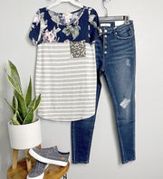 Lovely J Womens Pocket T Shirt, Floral with Stripes